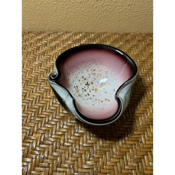 Murano Art Glass Bowl  Freeform Pink Black Purple White And Gold Swirl Design - Picture 2 of 11